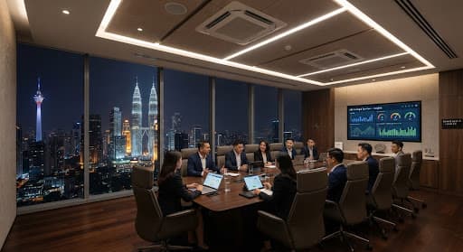 Luxury corporate boardroom in Kuala Lumpur skyline high-rise with architectural ceiling diffusers and state-of-the-art climate zoning, ambient interior evening lighting