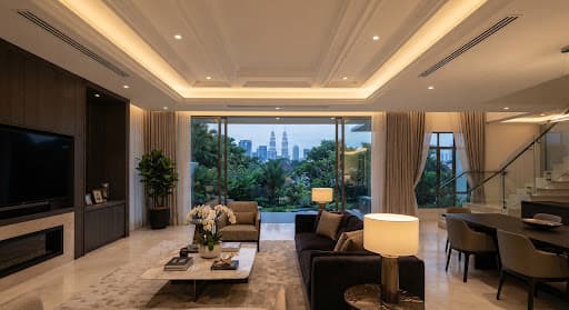 Architectural photo of luxury landed home in Mont Kiara with plaster ceiling detailing, integrated hidden cooling return grilles and pristine warm interior lighting