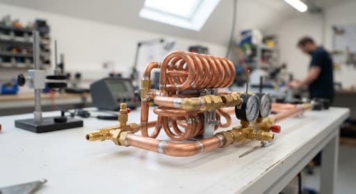 Close up architectural capture of clean HVAC copper piping coils and brass fitting components on a white testing desk in an engineering workshop