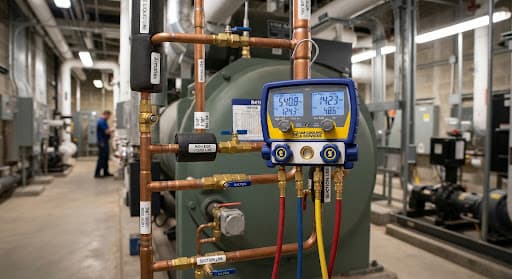 Commercial HVAC dual pressure manifold gauges connected to precision copper lines in a mechanical cooling plant room
