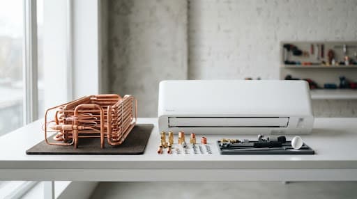 Minimalist architectural photograph of high-grade copper refrigeration coils, pristine white modern aircon indoor unit casing, and neatly organized mechanical fittings on a clean studio workbench with soft architectural side-lighting