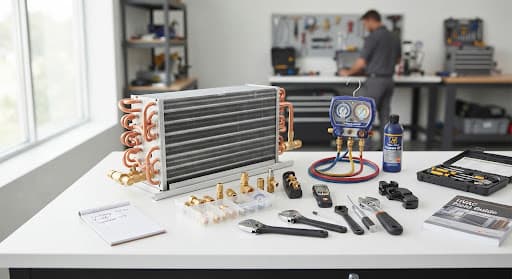 Technical workspace display showing high-efficiency copper heat exchanger coil, brass refrigeration service fittings, and specialized HVAC servicing precision tools on an pristine white engineering surface with soft natural background lighting.