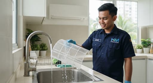 A clean, minimalist HVAC indoor split system interior showing immaculate mesh dust filters being rinsed under pure pressurized water by a certified technician wearing navy uniform in a bright modern Malaysian apartment.