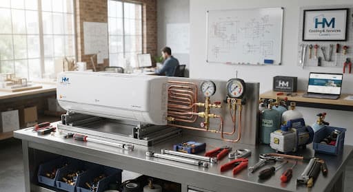 Modern precision air conditioning workbench displaying a clean split unit indoor casing, copper tubing manifold coils, brass fittings, calibrated gauges, and technical HVAC tools in an orderly architectural studio setting with soft natural window light reflecting off cool white surfaces and brushed metallic components.