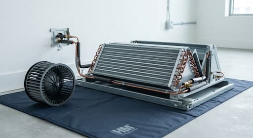 Close-up architectural photograph of an air conditioning indoor fancoil completely dismantled off a modern pristine wall, displaying the exposed clean aluminum evaporator coils, copper tubes, and an immaculately restored circular blower wheel laid out on industrial protective mats.
