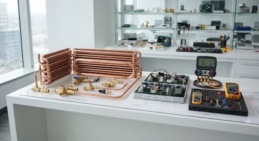High-end architectural laboratory shot of pristine copper refrigeration coils, brass manifold fittings, circuit modules, and precision HVAC instruments cleanly arranged on a minimalist white architectural workbench under natural daylight.