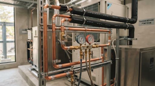 Precision HVAC manifold gauge apparatus measuring copper refrigeration line pressure